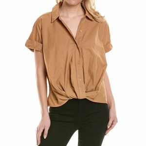 Stateside Voile Short Sleeve Front Twist Button Up Shirt - Almond